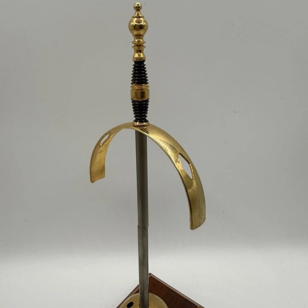 Vintage TOLEDO Spanish Damascene Brass Cocktail Mini Sword Picks Wood Stand ONLY